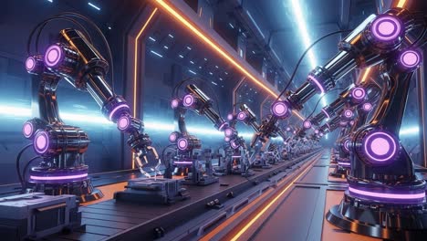a futuristic industrial scene showcasing advanced robotic arms working together seamlessly in a high-tech assembly line environment with led accents