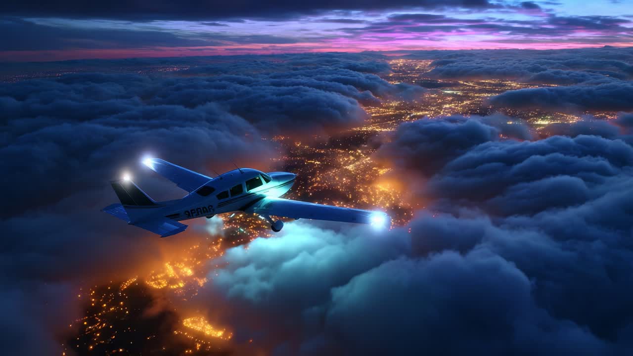 A stunning aerial view captures a small aircraft flying gracefully above a sea of clouds at dusk, illuminated by the mesmerizing glow of urban lights twinkling below and the dramatic sky transitioning from day to night