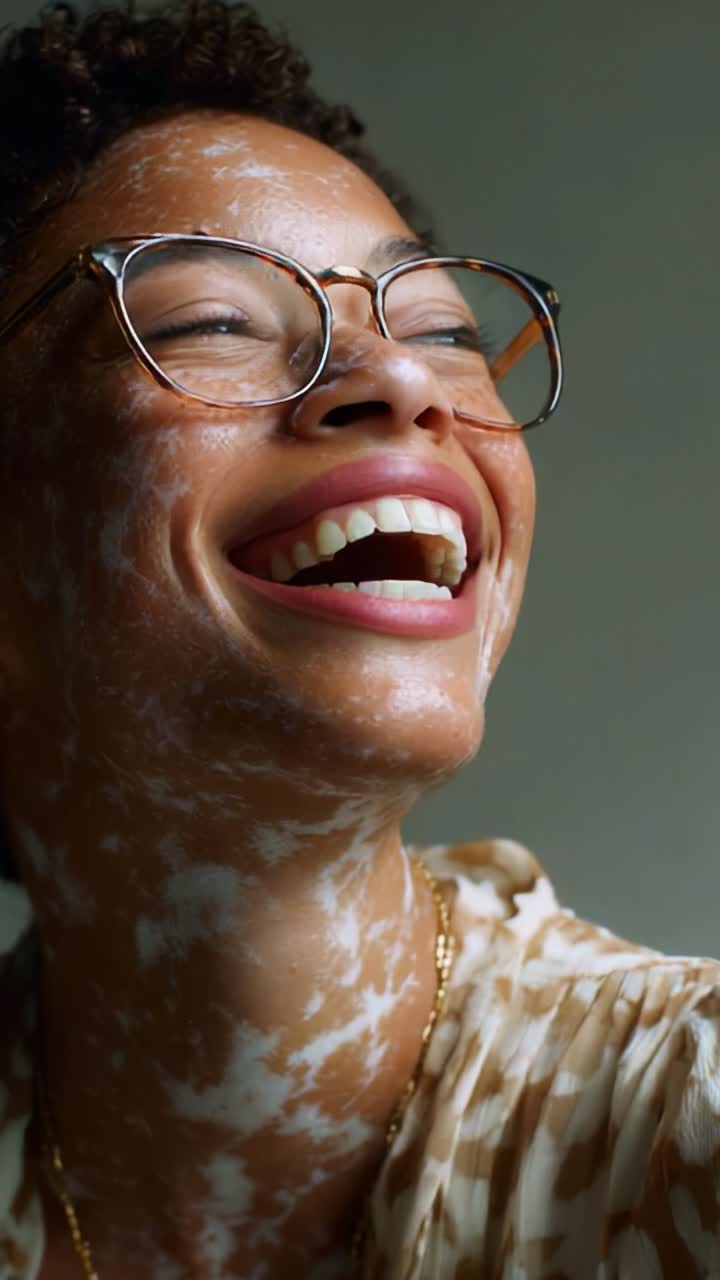 Joyful expression of a woman with glasses, showing a bright smile and playful demeanor, with a unique facial design, captured in an uplifting and vibrant moment