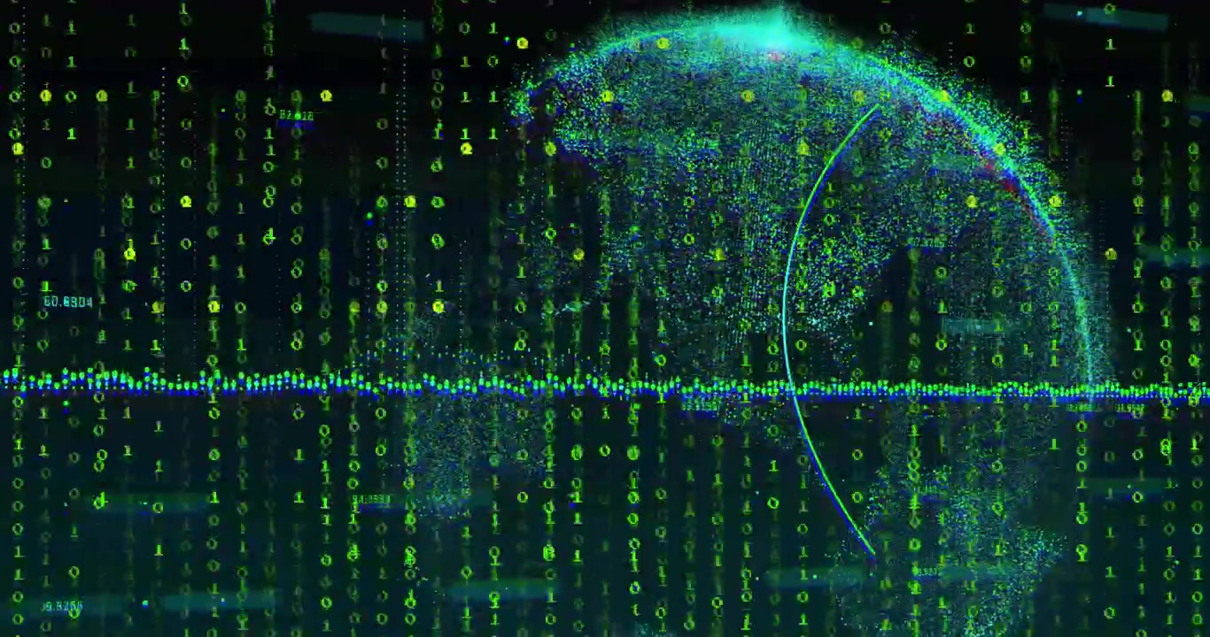 Binary code columns streaming down dark background, data points moving across middle, globe forming
