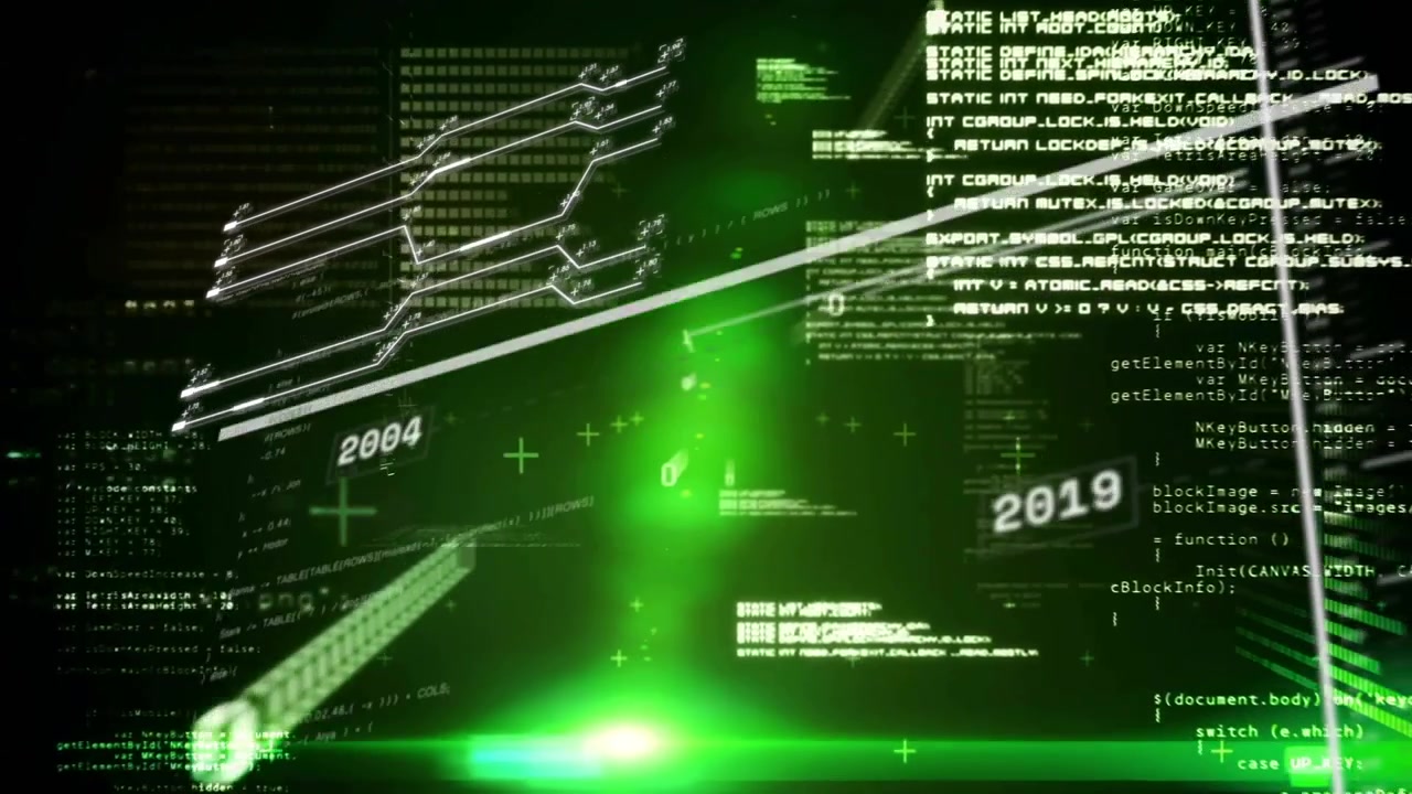 Green core starting, data interface shifting, strokes sweeping, years moving, zooming into binary