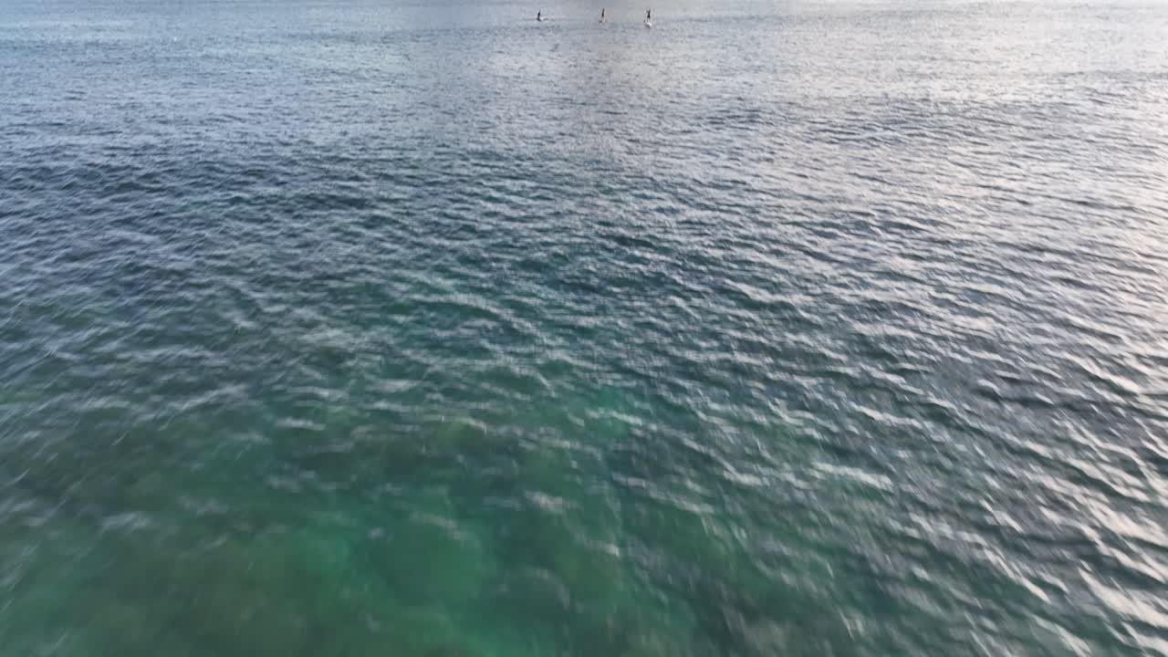 라니카이 오아후 하와이에 있는 모쿨루아 섬의 60fps 슬로우모션이 바다와 암초에서 패닝하여 패들 보더가 있는 전체 섬과 해변을 보여줍니다.