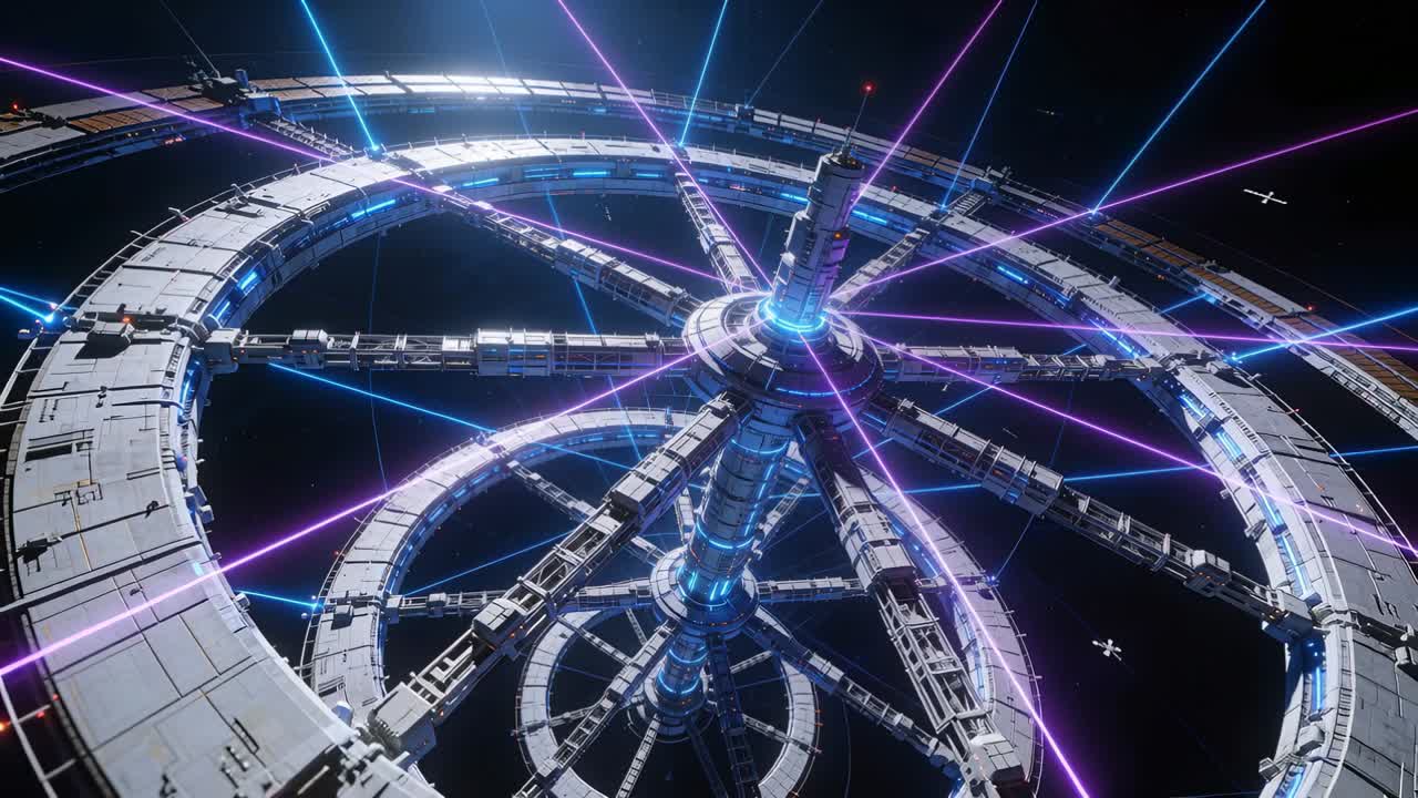 Camera dolly moving closer revealing space station beams radial spokes docking shuttle for repair