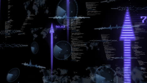 animación del procesamiento de datos financieros con flechas sobre fondo negro