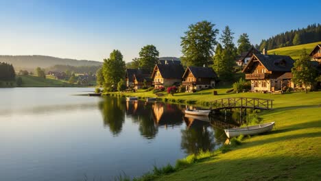 tranquil lakeside village at sunrise: serene reflections and idyllic scenery captured in this beautiful landscape