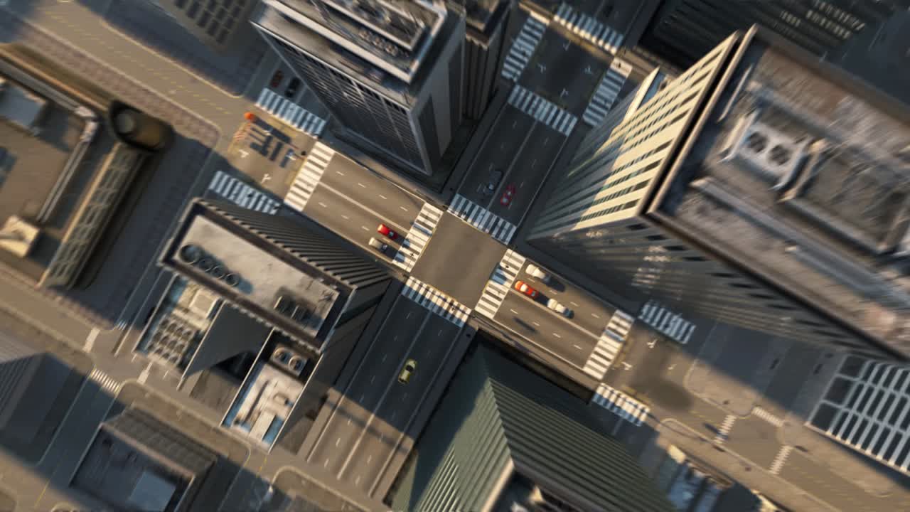Zoom na vista superior de uma cidade 3D.