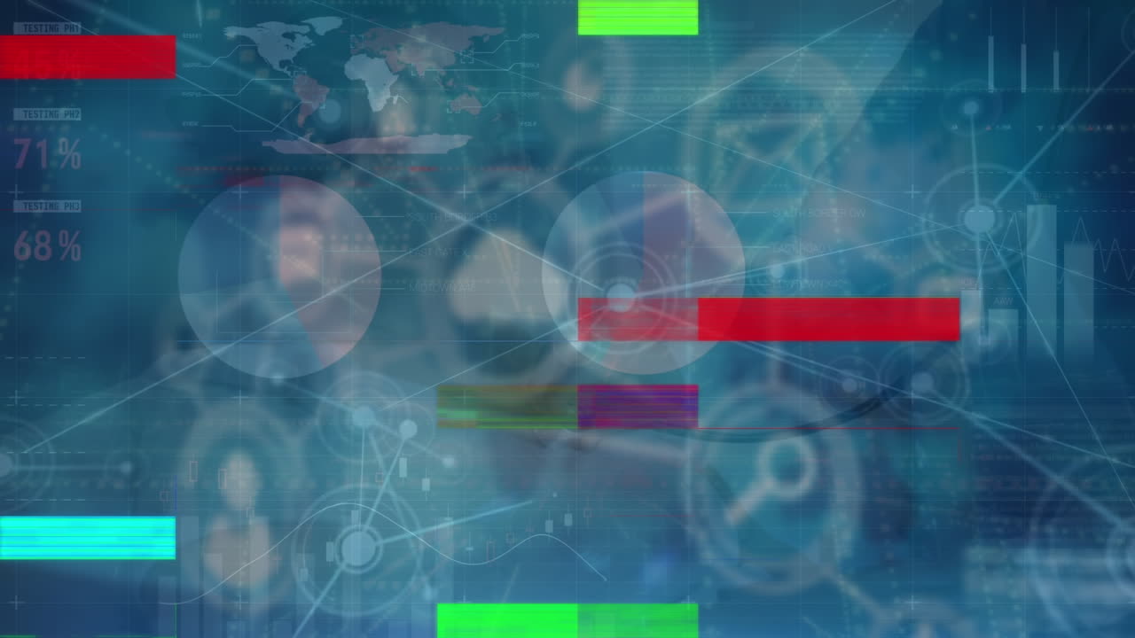 animación de barras multicolores con fallas, puntos conectados en la interfaz infográfica con iconos.