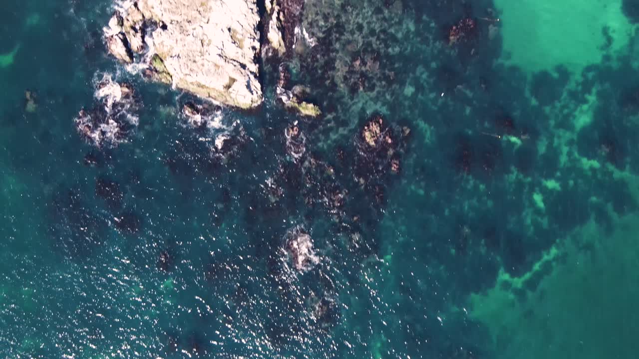 Birdseye view from open ocean to rocky coast line and seacliffs to desert land