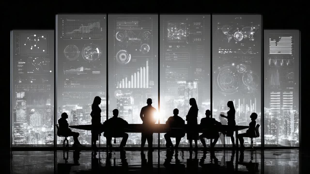 A Dynamic Conference Room with Silhouetted Figures Engaged in Strategic Discussions Against a Background of Digital Displays and Analytical Data Visualization