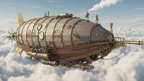 a stunning steampunk airship glides through the clouds, showcasing intricate design and mechanical details, with adventurers on deck exploring the skies above