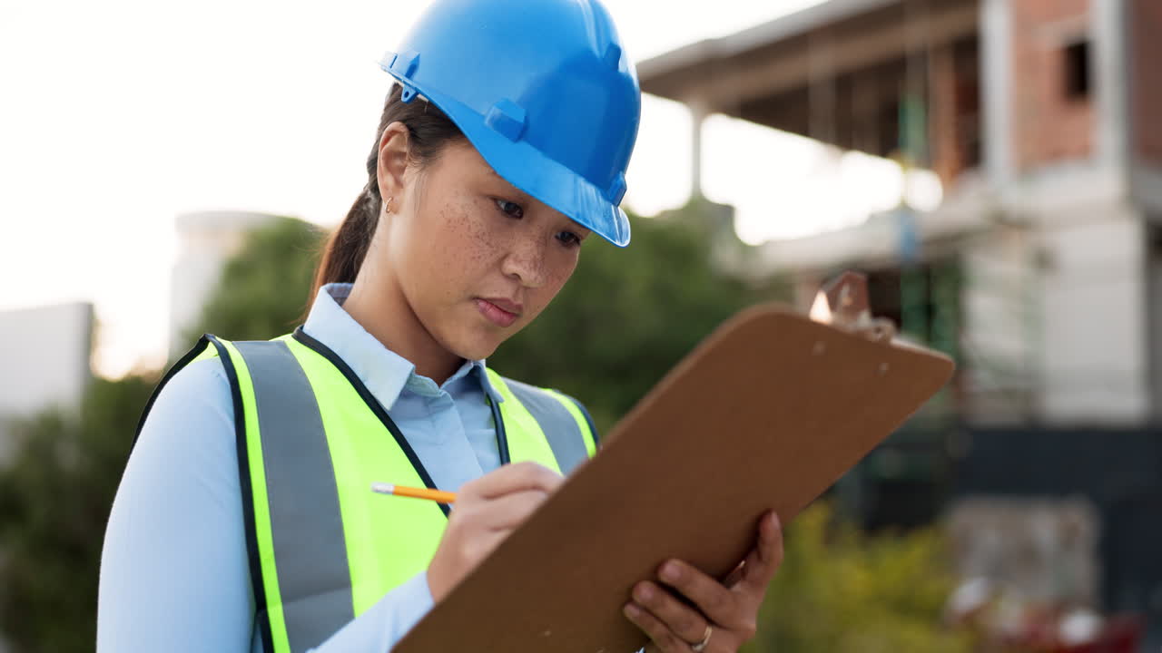 mujer, lista de comprobación y escritura en la construcción
