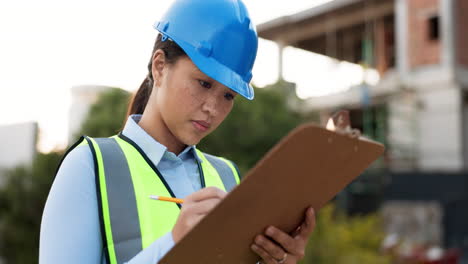 ??woman, checklist and writing at construction