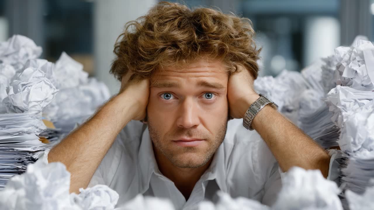 A Frustrated Individual Surrounded by Piles of Crumpled Paper, Expressing Overwhelm and Stress in a Chaotic Work Environment