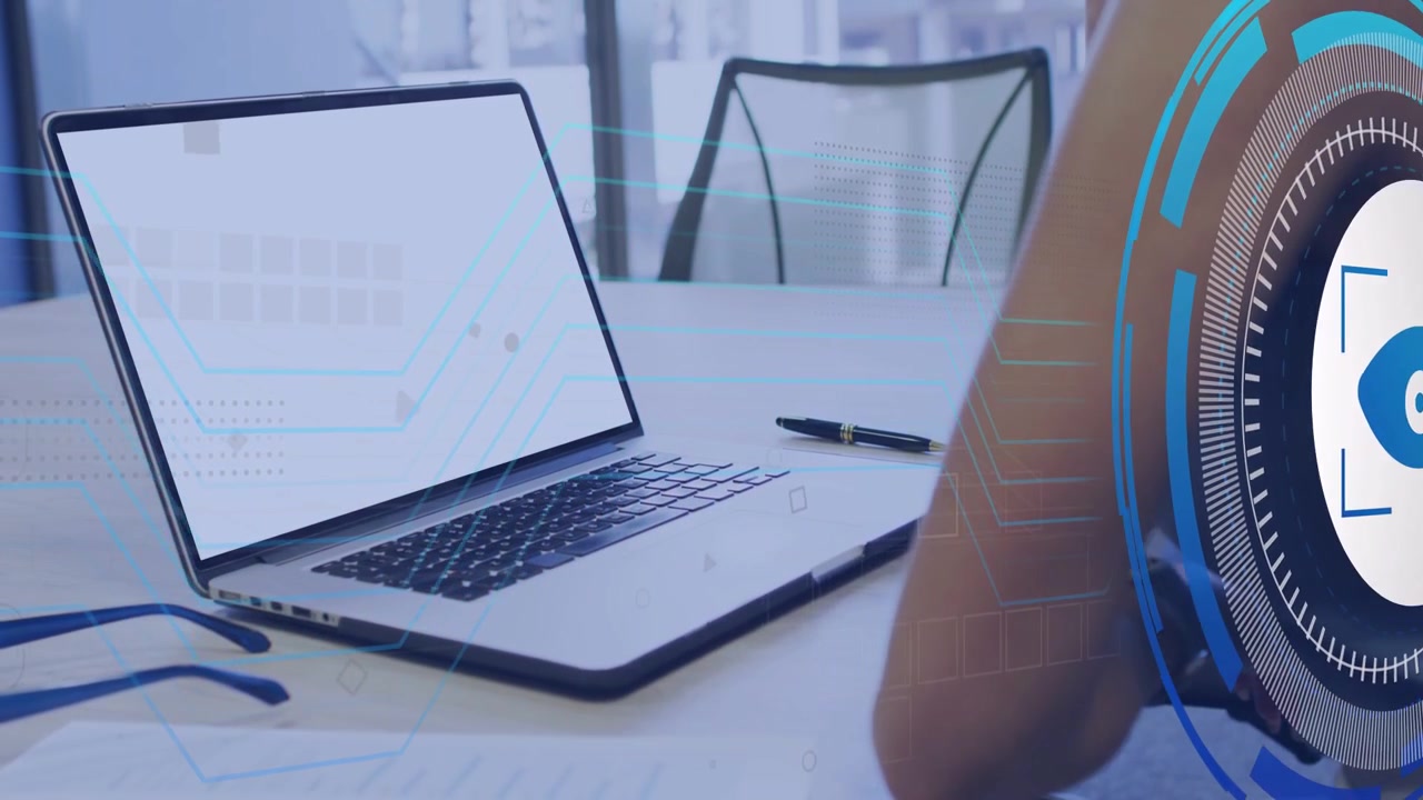 Woman leaning by laptop while HUD sliding in, showing eye icon, cyan circuits and tech-data