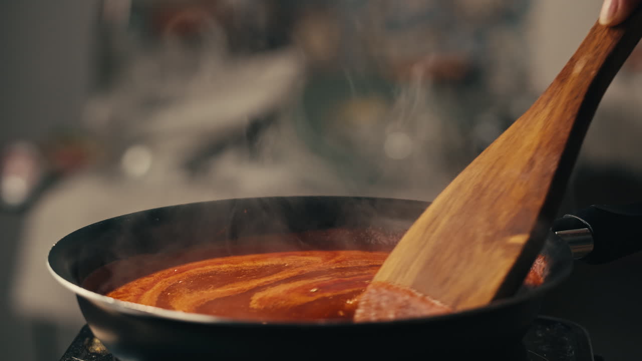 Chicken in tomato sauce is boiling on a frying pan with spices. Cooking tomato sauce curry with chicken fillet. Traditional Italian Mexican Asian dish. High quality studio shot for cafe, restaurant close up.