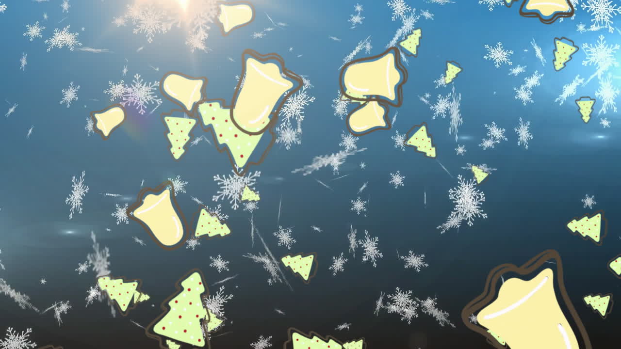 Christmas bells and trees with snowflakes animation over blue background