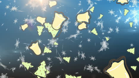 christmas bells and trees with snowflakes animation over blue background