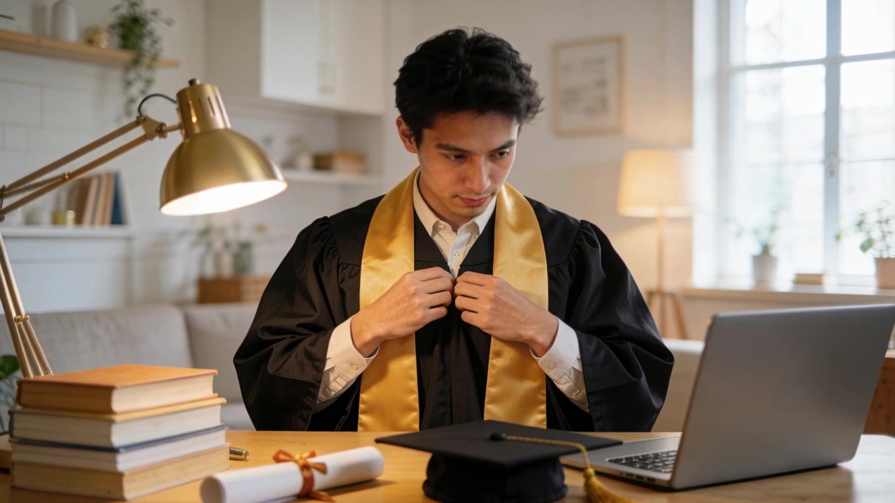 Un laureato/a che si sistema la toga e la stola a casa, preparandosi per una cerimonia online con laptop, tocco e diploma.