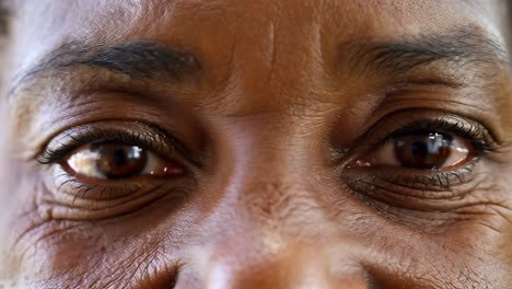 close up portrait of the eyes of afro person, looking at camera.