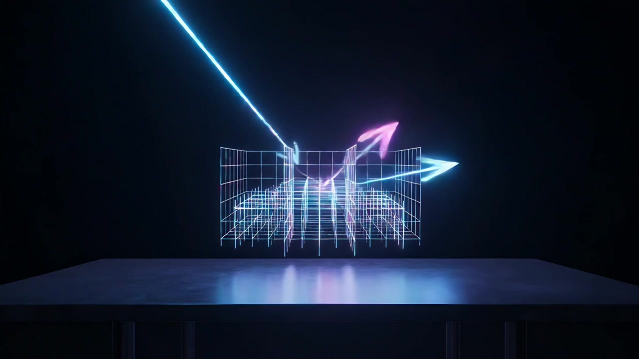 Griglia 3D che reagisce sollevando pilastri di luce, con una freccia magenta che colpisce il centro sopra un tavolo in uno studio buio