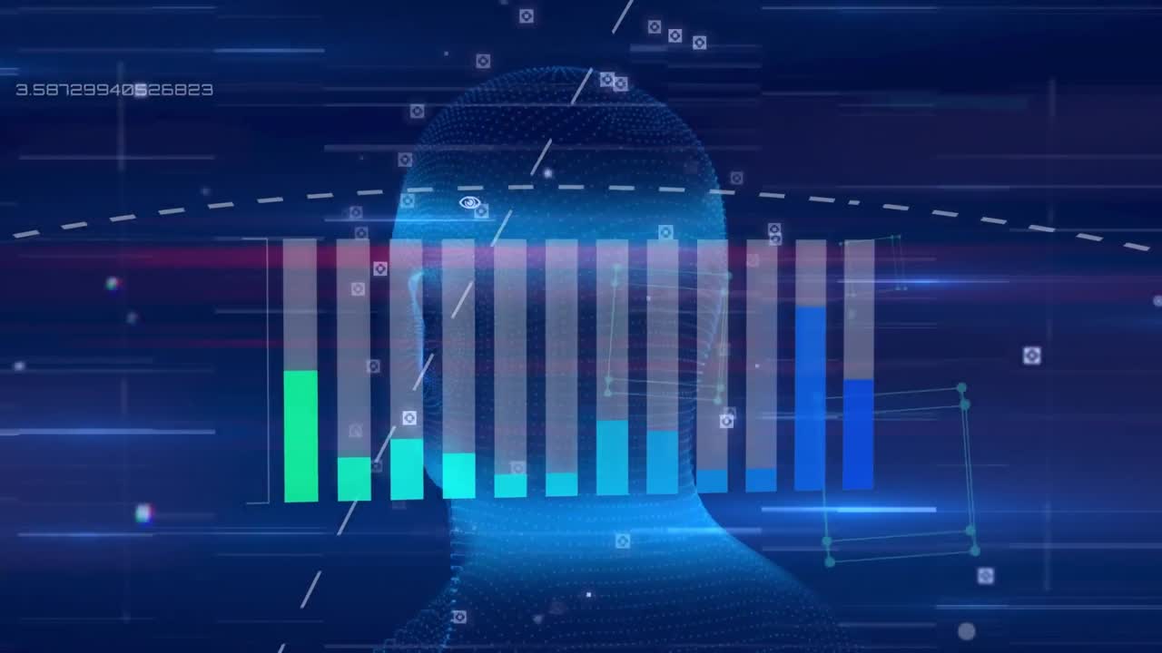 Animation of statistical data processing over spinning human head model and light trails