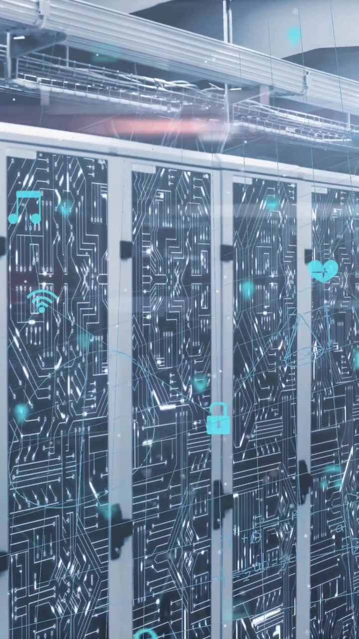 Animation of mathematical equations, icons and data processing over computer servers