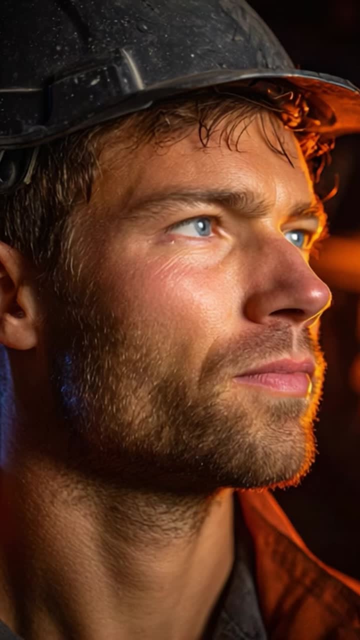 A skilled miner showcasing determination and strength, illuminated by warm light, embodying the spirit of hard work and resilience in challenging environments