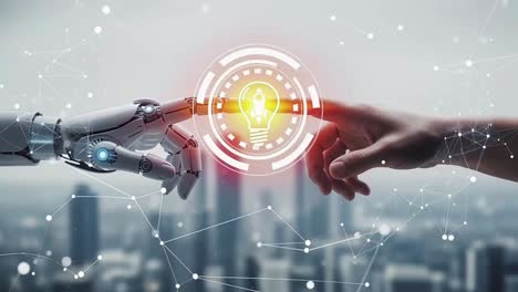 human and robot hands connecting to symbolize ai collaboration and innovation