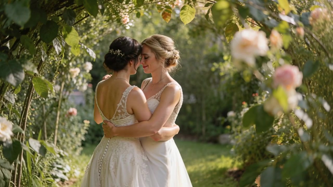 Holding hands brides turning and embracing under rose arch in garden, in wedding gowns for portrait