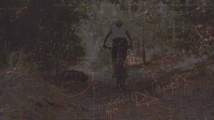 Animazione di equazioni matematiche sopra un uomo caucasico in bicicletta