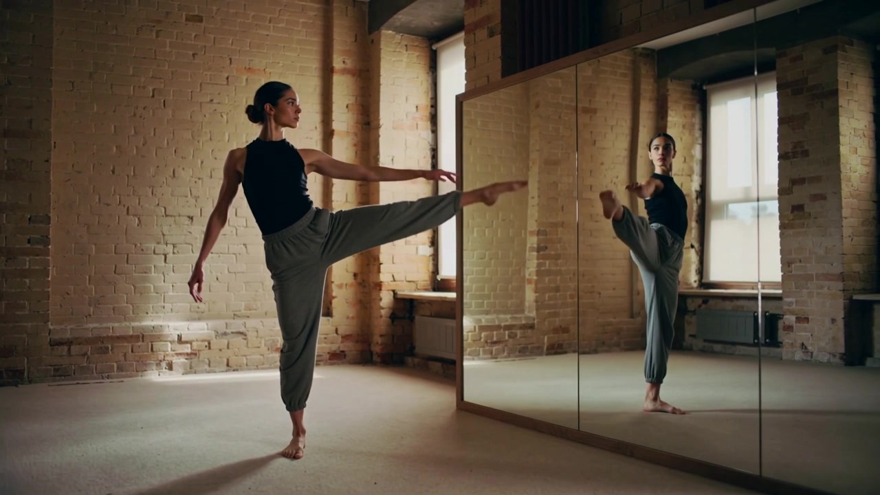 Ballerino in nero-grigio che sposta il peso, estendendo la gamba in un loft illuminato dal sole per allinearsi con lo specchio