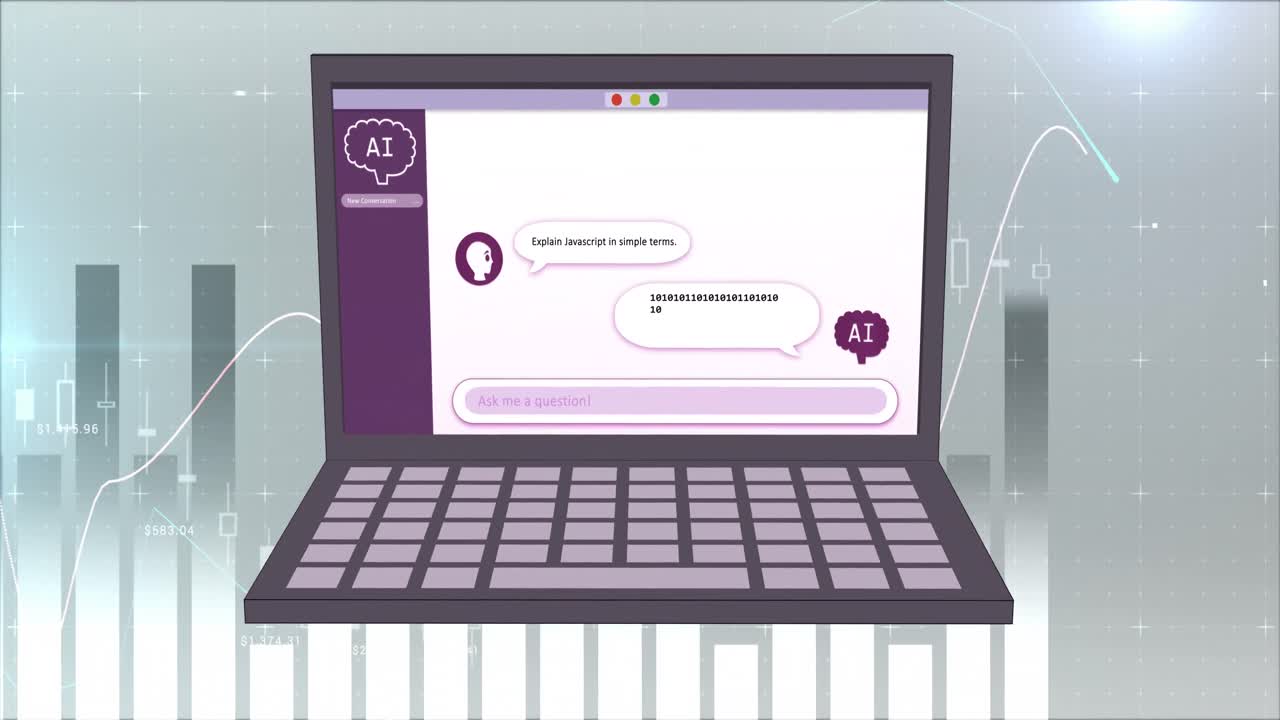 animación de procesamiento de datos ai, chat, estadísticas e iconos en la pantalla del portátil