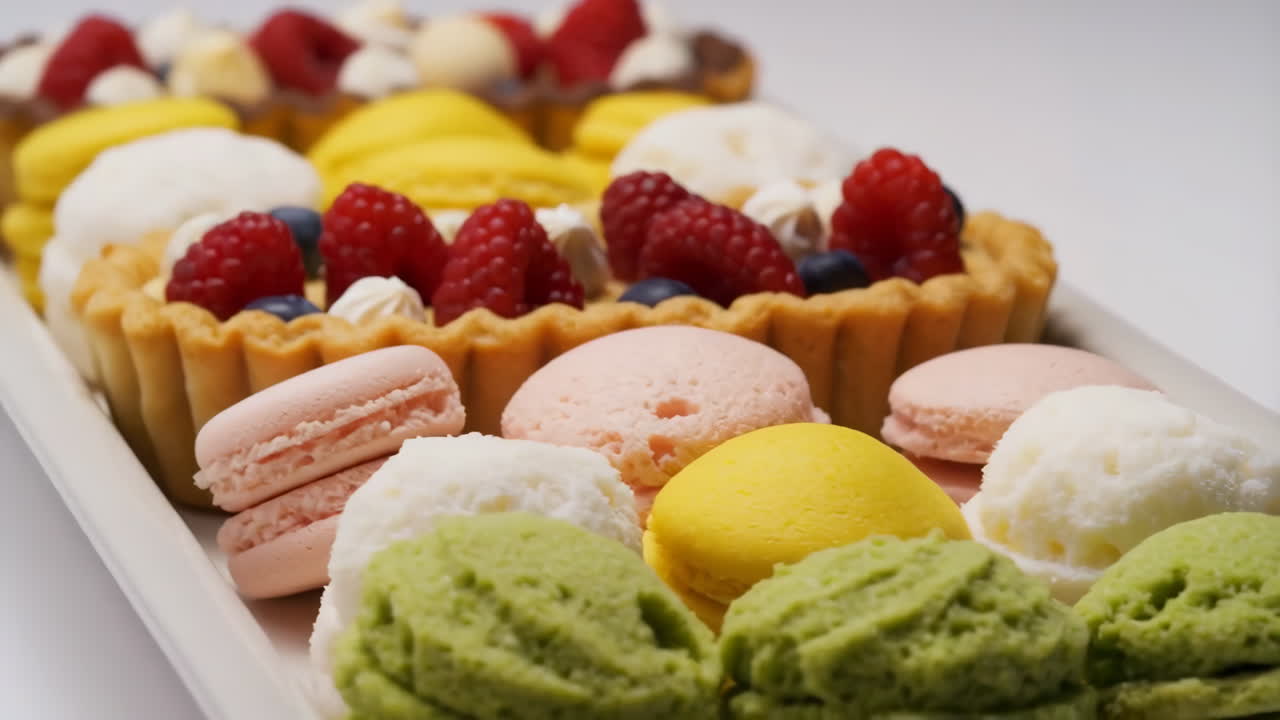 Assortment of Colorful Fruit Tarts and Macarons