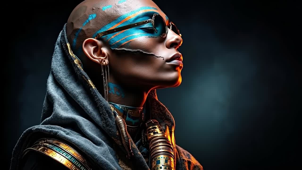 A woman with blue and orange paint on her face and sunglasses