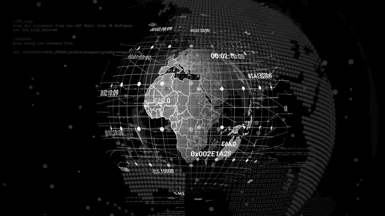 Animation of data processing with globe on black background