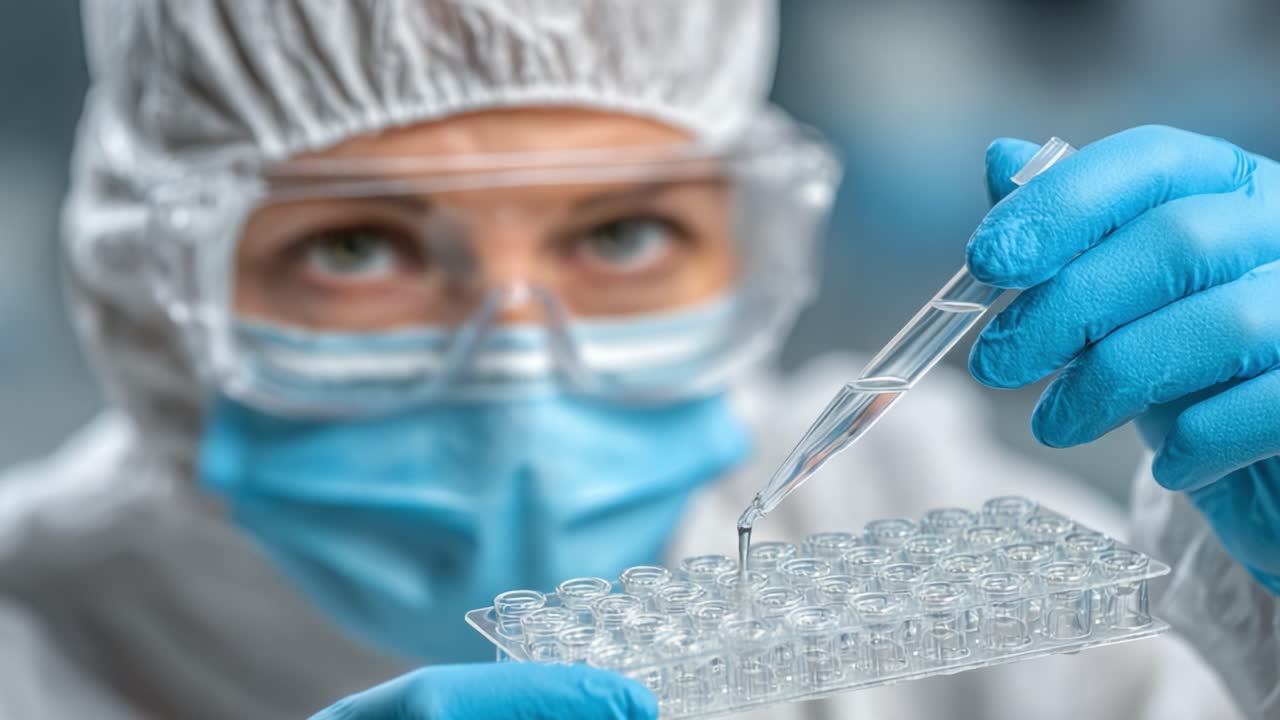 Close-up of a scientist in protective gear using a pipette to transfer liquids in a laboratory setting, emphasizing precision and safety protocols in scientific research