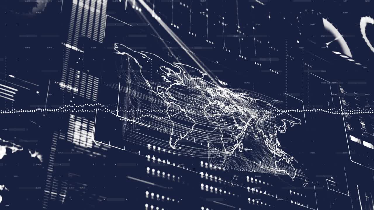 추상적인 배경에 대한 로딩 바, 글로브, 지도 및 원 위의 그래프의 애니메이션