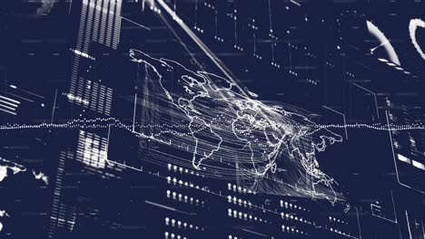 animation of graph over loading bars, globe, map and circles against abstract background