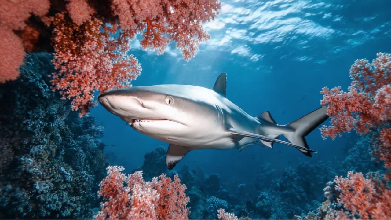 An Underwater Encounter with a Majestic Shark Surrounded by Vibrant Coral Reefs, Highlighting the Beauty of Marine Life in Their Natural Habitat