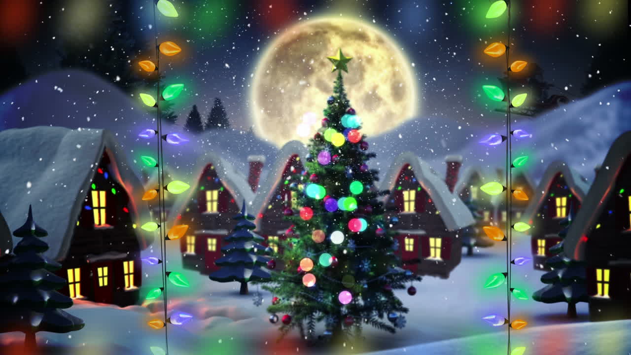 산타는 사 ⁇ 과 함께  ⁇ 매를 타고 날고 겨울의 원더랜드와 달 위에 화살표를 찍습니다.