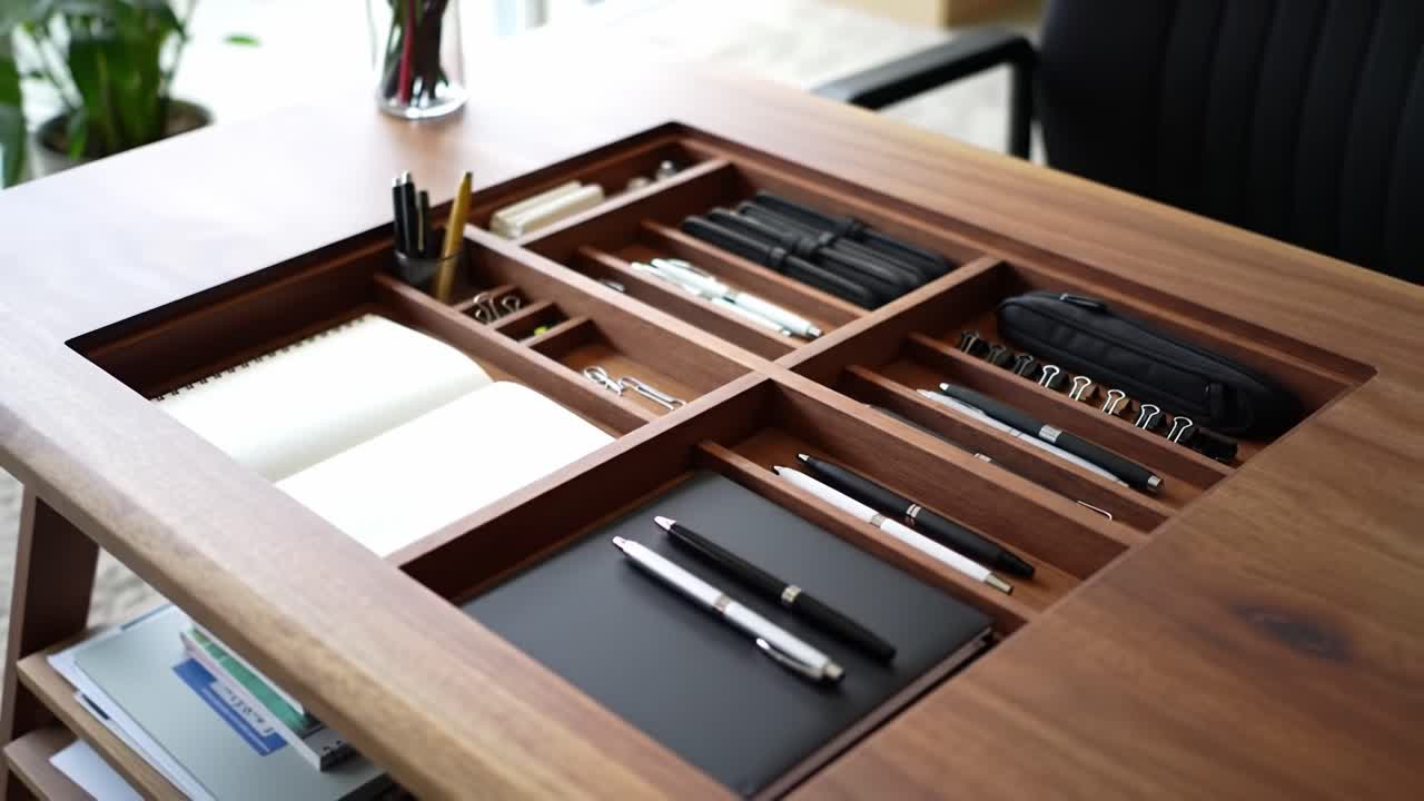 Organized Office Desk with Elegant Wooden Design Featuring Multiple Compartments for Pens, Notebooks, and Stationery Supplies in a Professional Workspace Setting
