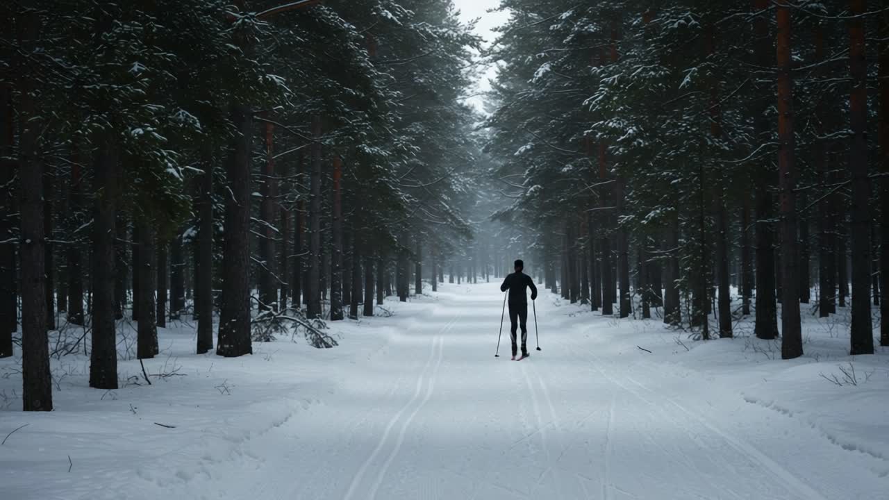 Cross-Country Skier on a Snowy Track in a Pine Forest