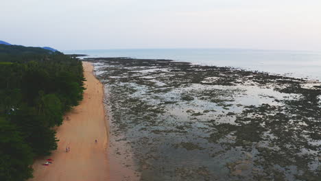 tropical ocean beach in thailand at low tide, revealing shore seabed