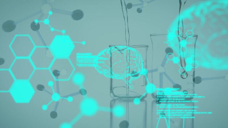 Animation of data processing and chemical formula over beakers with liquid
