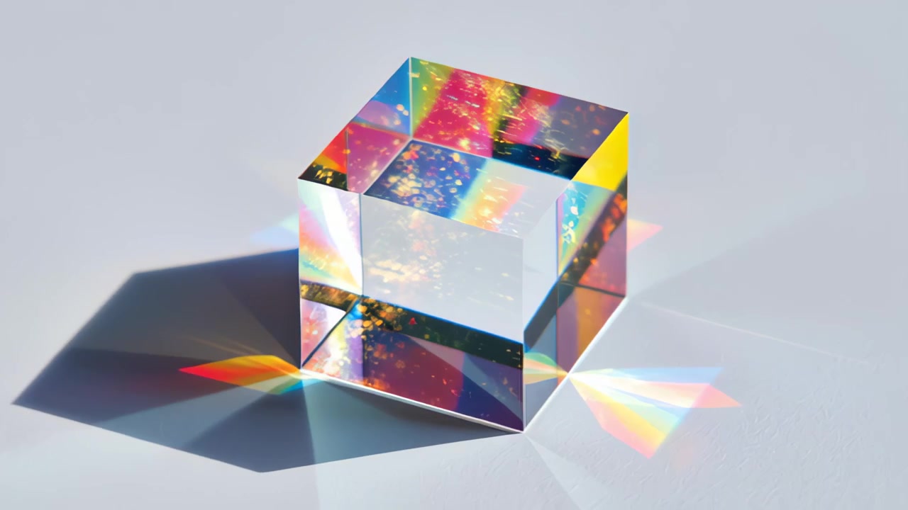Nærbilledeoptagelser af et gennemsigtigt glaskubeprism på en hvid overflade, der bryder sollys til farverige regnbuegenskær og skygger, abstrakt optikkoncept.