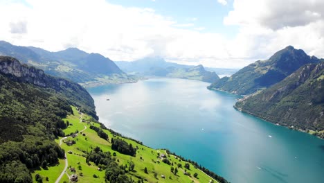 sobrevuelo aéreo sobre las vibrantes costas verdes del lago lucerna en un día soleado de verano cerca de seelisberg en uri, suiza