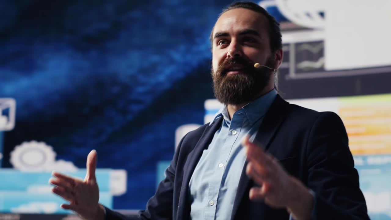 Male entrepreneur leading a visionary business pitch at the convention