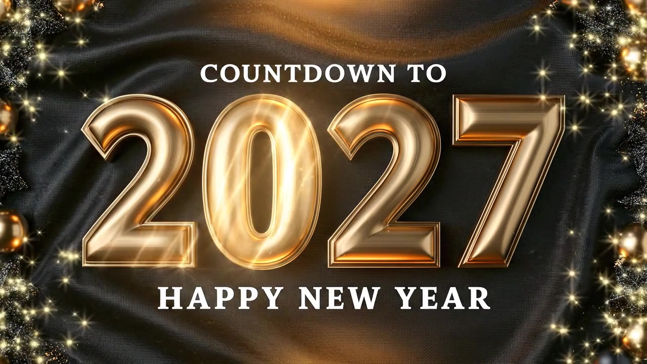 Conto alla rovescia dorato per il Capodanno 2027 su sfondo di seta nera