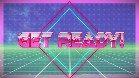 animación digital de texto listo sobre banner de neón contra la red de cuadrícula verde sobre fondo azul