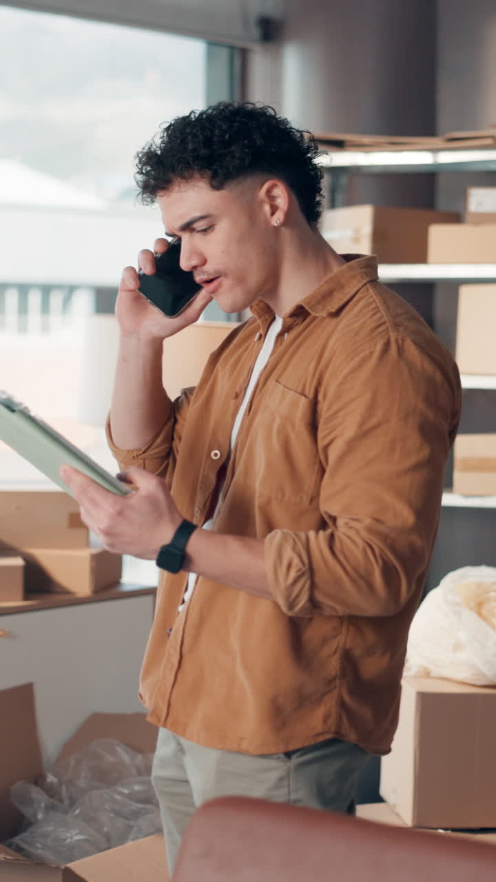 Young Man on Phone Call Checking Inventory in Warehouse
